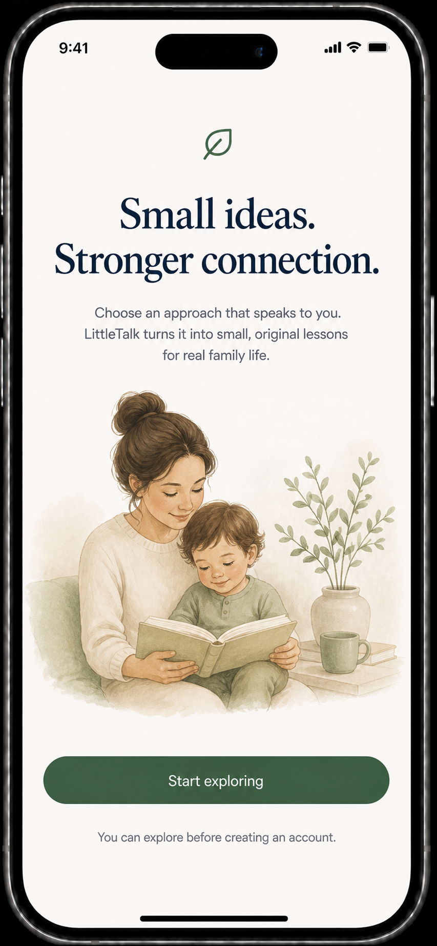 LittleTalk welcome screen showing a parent and child reading together